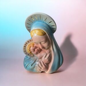 Ceramic Madonna and Child Figure Planter - Blue and Gold Vintage